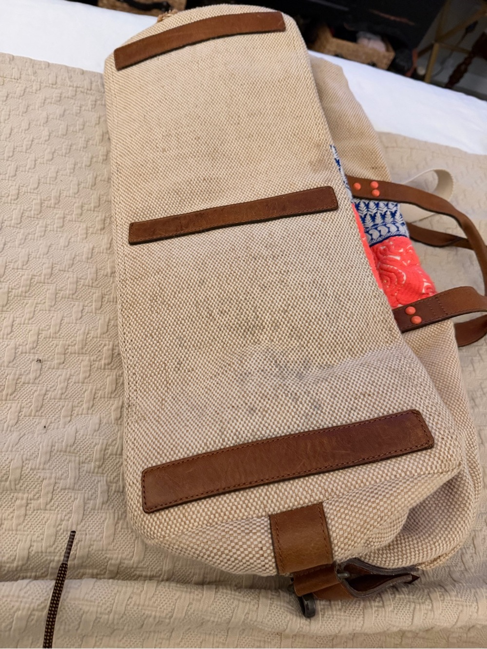 Anthropologie weekender with Coral and Blue Pattern and Brown Leather Straps - Picture 2 of 4